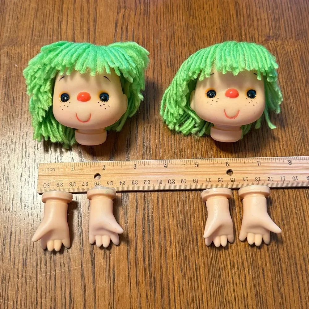 Vintage Mitzy Yarn Hair Freckled Doll Heads and Hands Set of Two New Old Stock